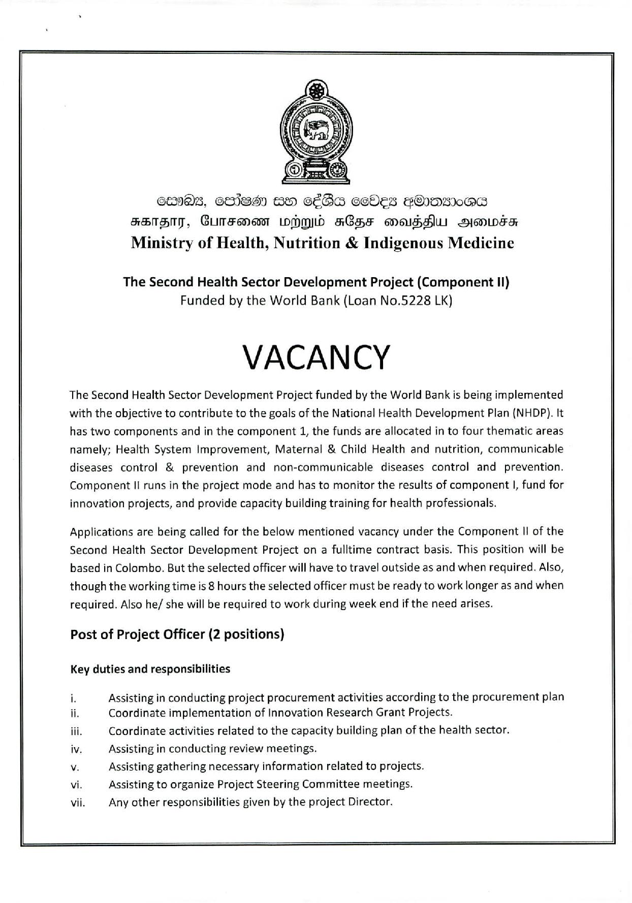 Project Officer - Ministry of Health, Nutrition & Indigenous Medicine